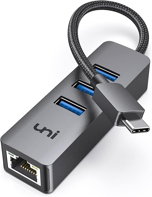 uni USB C to Ethernet Adapter (Driver Free), [Aluminum, Nylon] USB C Hub with RJ45 Gigabit Ethernet, High-Speed 3-Ports USB 3.0, Compatible with MacBook Pro/Air, iPad Pro/Air, iMac, Galaxy, XPS etc.