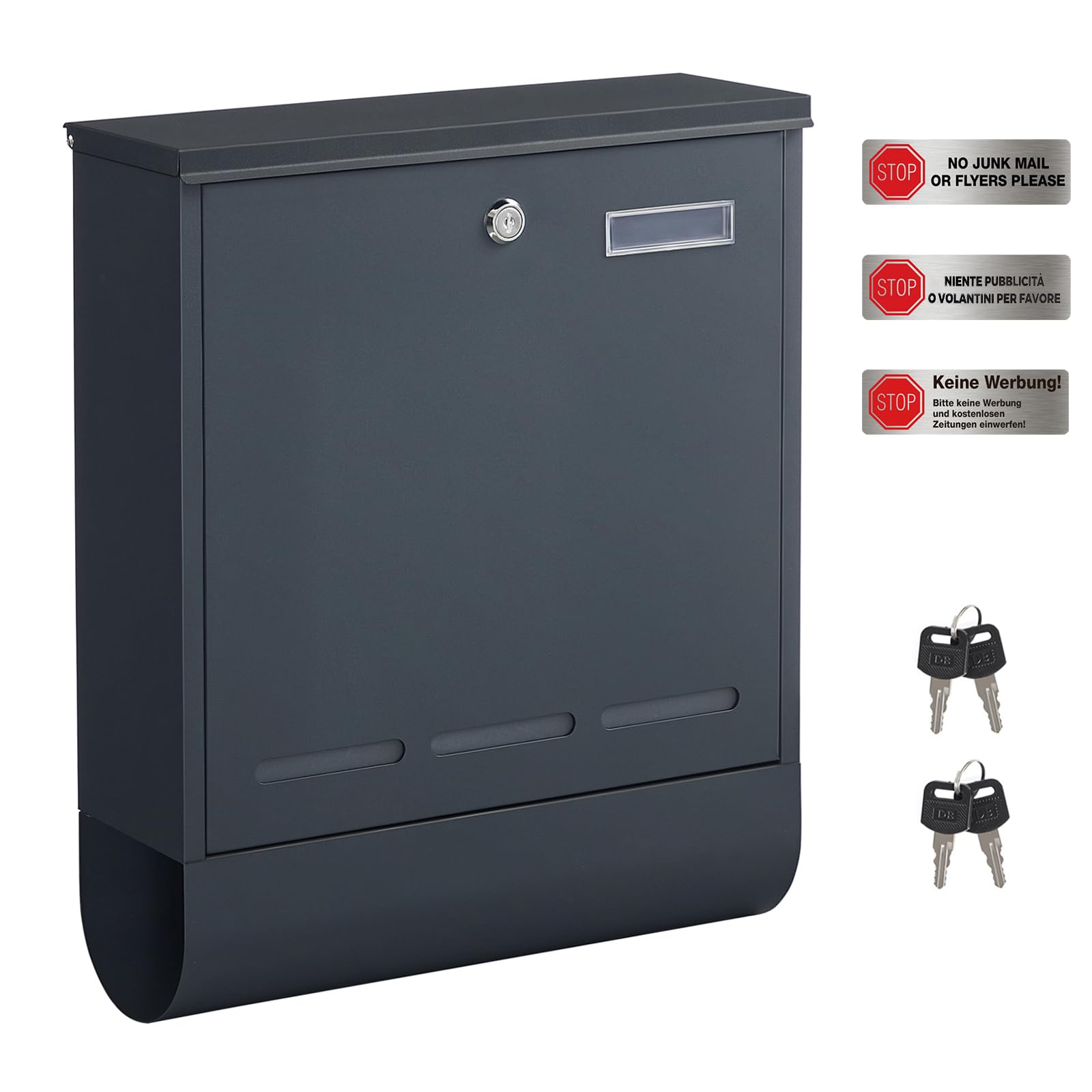 SONGMICS Briefkasten mit Zeitungsfach und Namensschild, Postkasten mit 4 Schlüsseln, Keine Werbung Aufkleber, leichte Montage, anthrazit GMB060G01V1