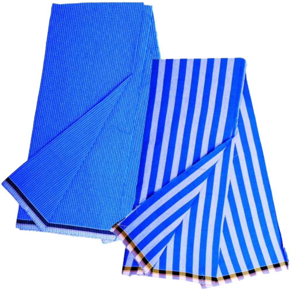 Mens Trendy Checked Cotton Lungis Pack of 2 pc; 100% Pure Cotton; Multicolor (Size 2.00 Meters) (Blue-Strip/MINI-Blue)-image-27