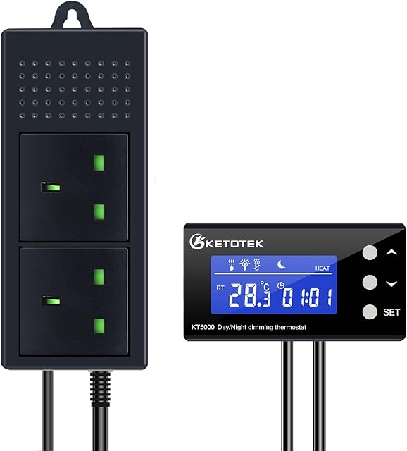 KETOTEK Digital Dimming Thermostat Reptile Day and Night Timer, PID Thermostat Plug Socket Dimmer Temperature Controller for Heat Lamp Terrarium Vivarium Aquarium with Waterproof Sensor Probe