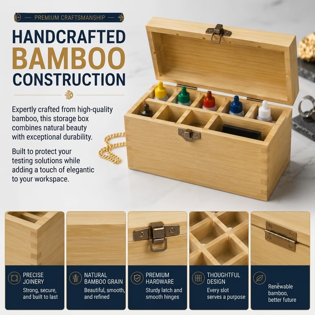 Gemtone Handmade Bamboo Storage Box for Storing Gold Silver Platinum Jewelry Testing Kit Acids Chemicals 9 slots