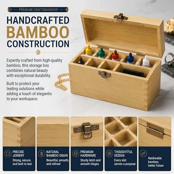 Gemtone Handmade Bamboo Storage Box for Storing Gold Silver Platinum Jewelry Testing Kit Acids Chemicals 9 slots