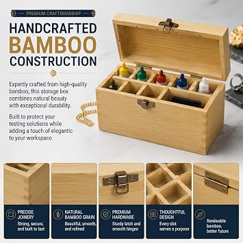 Gemtone Handmade Bamboo Storage Box for Storing Gold Silver Platinum Jewelry Testing Kit Acids Chemicals 9 slots