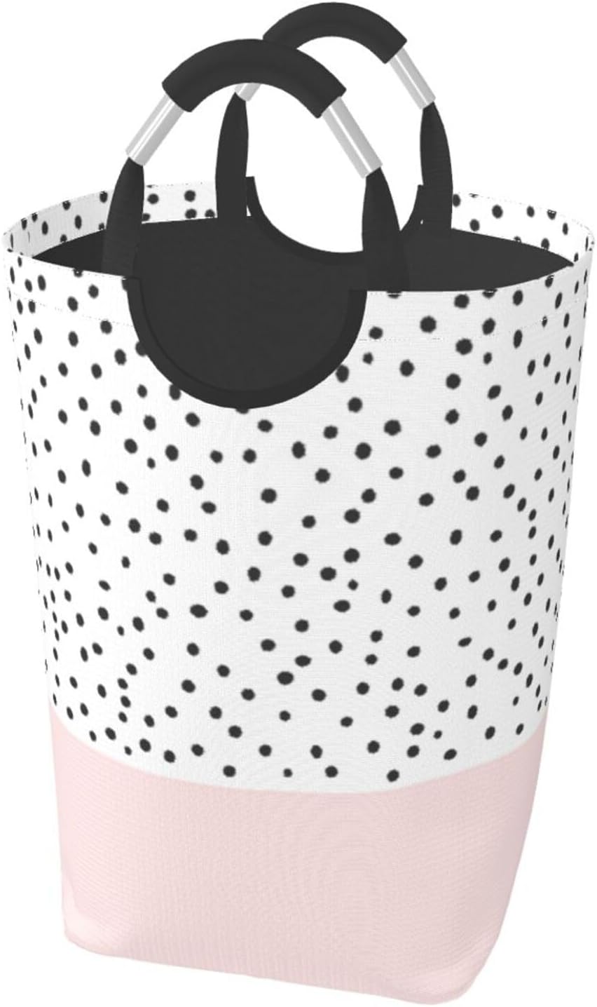 Large Laundry Basket, Blush Pink Black Polka Dots Pattern Laundry Hamper Bag Collapsible Washing Bin With Handles for College Dorm, Family Essentials Storage