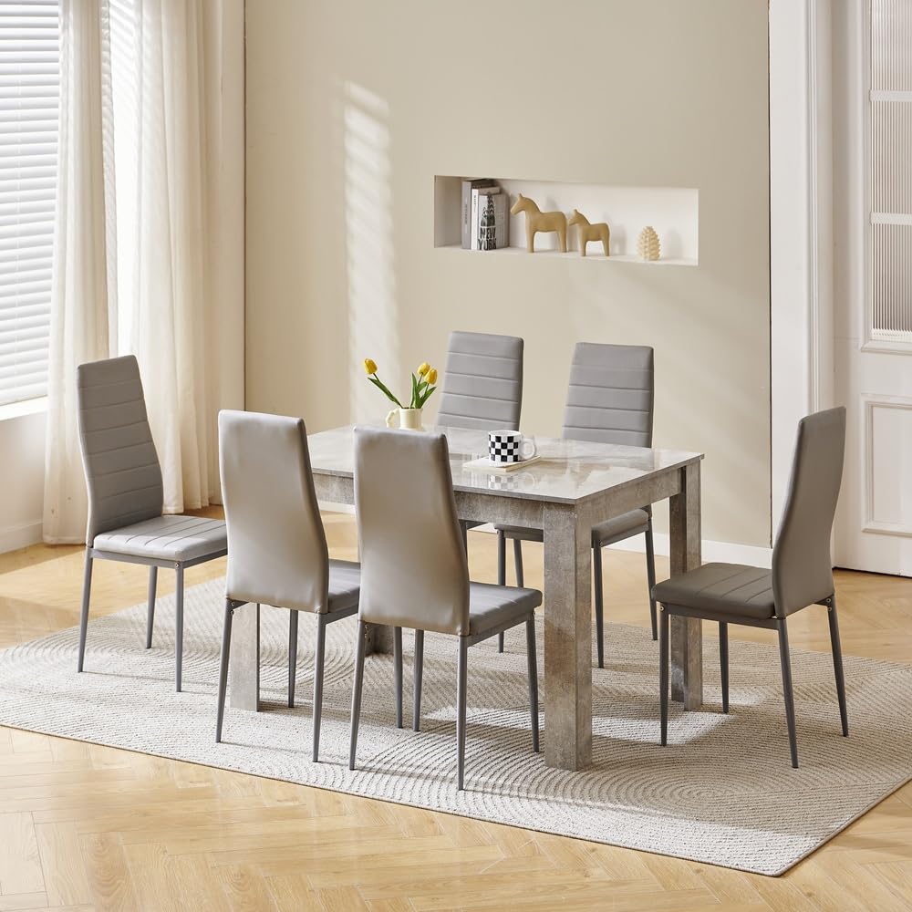 Menaka Wood Dining Table and Chairs Set of 4, Small Rectangular Kitchen Dinner Table with 4 Seaters (line grey leather chairs, 120m high gloss grey marble table, 6 seaters)