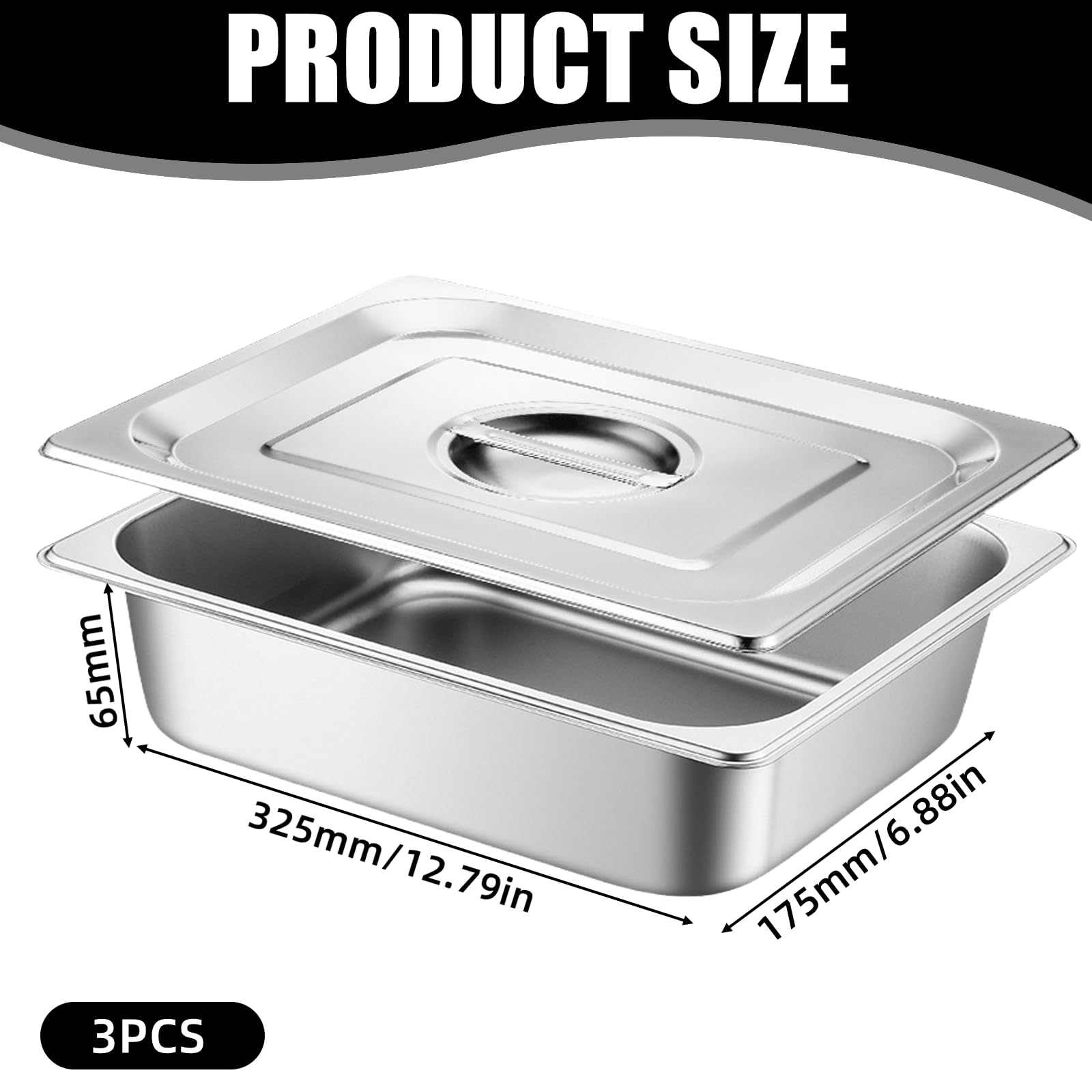 GOMETY Juego de 3 cuencos para empanar, recipiente GN 1/3, recipiente de acero inoxidable con tapa, juego de 3 piezas, cuenco para empanar, ideal para comida y plato, 32,5 x 17,6 x 6,5 cm