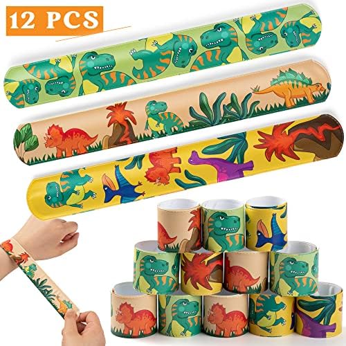 Dinosaur Party Favors Set,12 Pack Prefilled Goody Bags with Dinosaur Gift Tags,Filled with Dinosaur Themed Pencil Sharpener, Dinosaur Figure, lap Bracelet, Sticker, Pencil for Kids Party Game Prizes