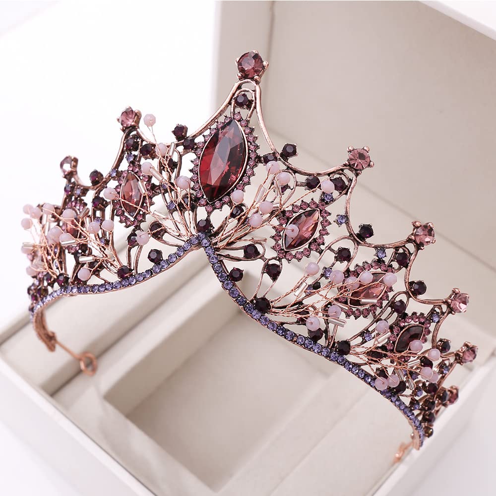 Corona Barocco, Tiara Corona Di Cristallo Con Strass, Diadema Con Strass per Matrimoni, Feste Da Ballo, Concorsi Bellezza, Feste Compleanno (Antico Rosso Rame Viola)