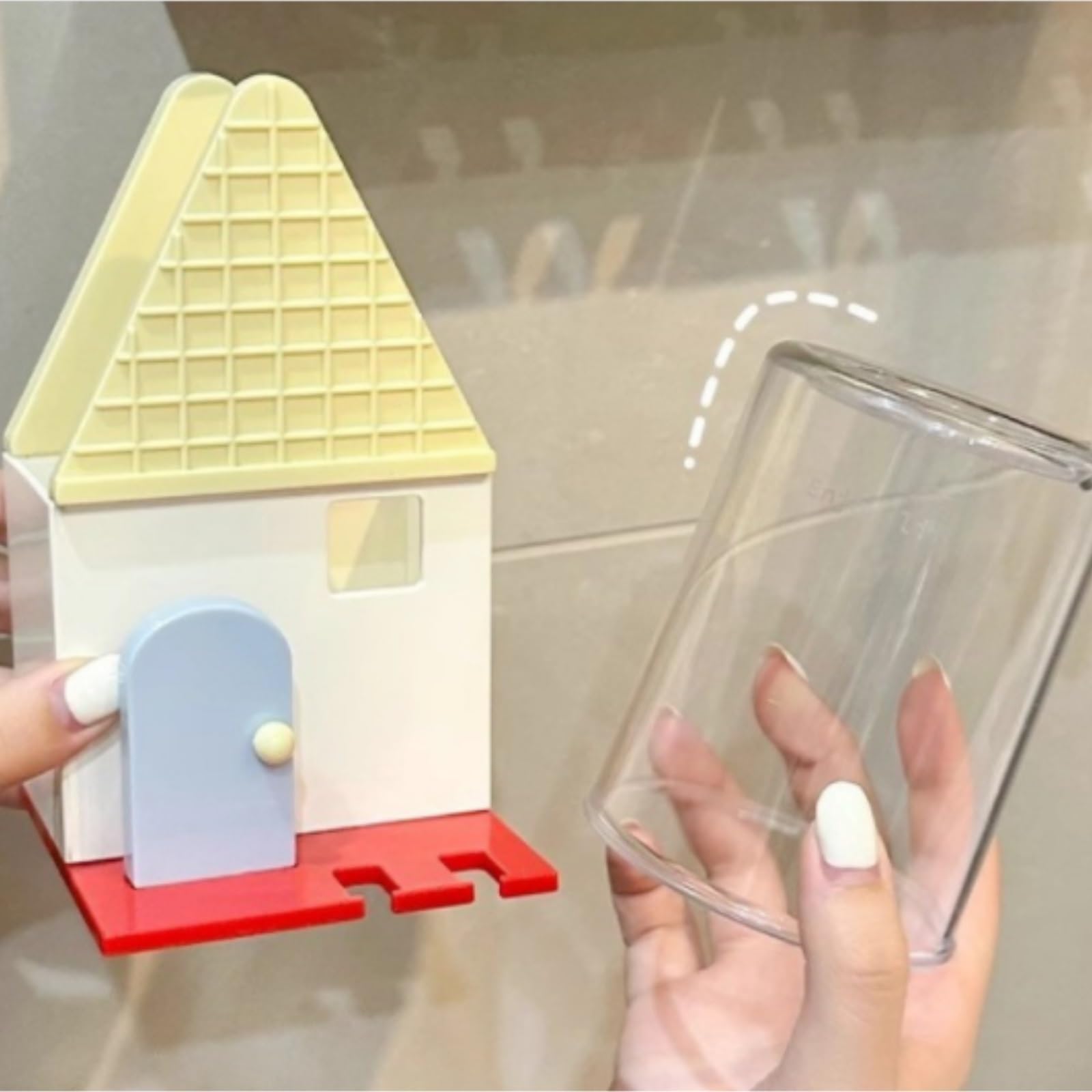Porta Cepillos De Dientes Hotel Tenedor Montado En La Pared del Cepillo De Dientes Forma Casa con Taza Ningún Organizador Cuarto Baño Taladro Accesorios Baño(Yellow)