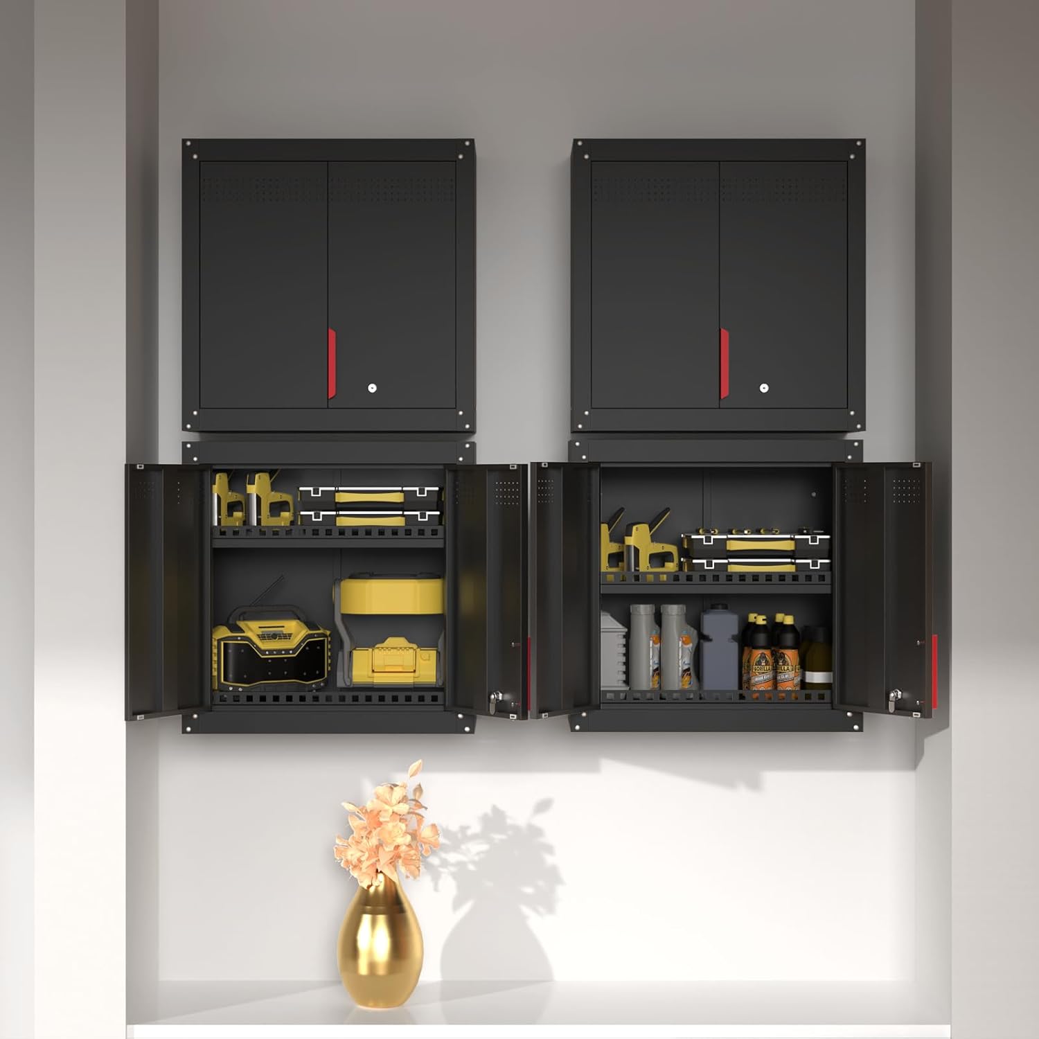 30" Metal Garage Wall Cabinet,Metal Wall Cabinets with Lock & Adjustable Shelf,Wall Mounted Garage Cabinet with Handle & Magnetic Door & Anti-Fall Rails for Repair Shop