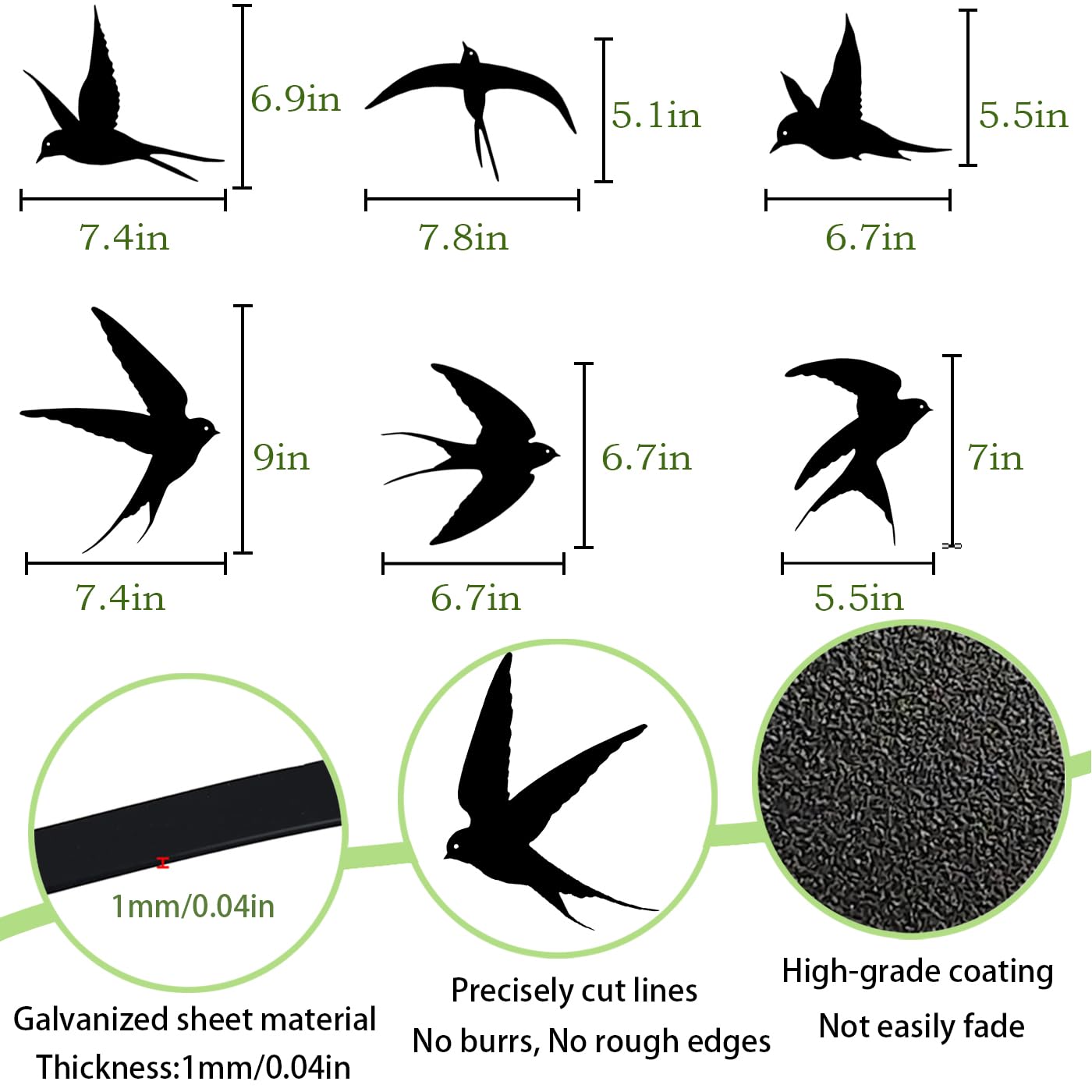 6pcs Pájaros Negros Arte de Pared de Metal Decoración Golondrina Metal Colgante Exterior Pájaro Decorativo Escultura de Pared para Casa Patio Salón Baño Jardín