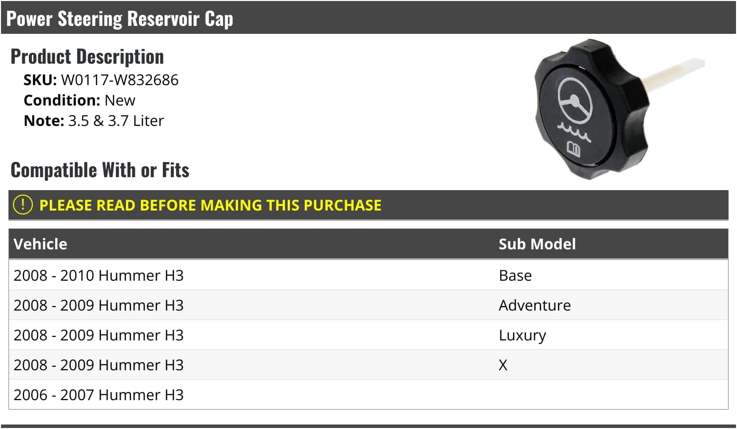 Marketplace Auto Parts Power Steering Reservoir Cap - Compatible with 2006-2010 Hummer H3 3.5L 3.7L