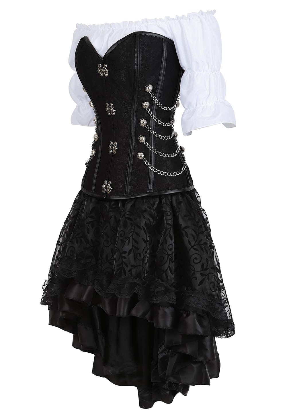 Jutrisujo Steampunk Corsage Corsagenkleid korsett Kleid 3 Teiliges Set piraten Kostüm mit Corset Dress Spitzenrock und Bluse für Halloween Schwarz 6XL