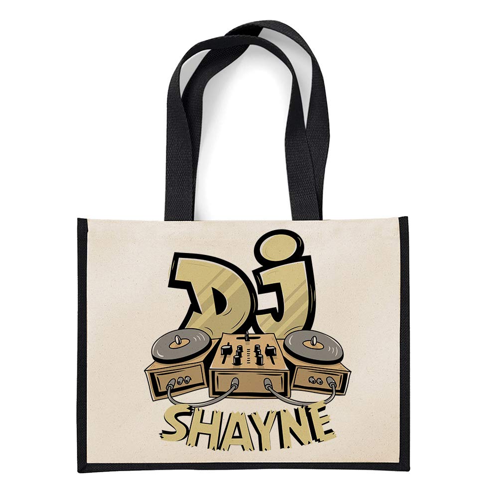 Personalised DJ music enthusiasts ANY NAME birthday party lover present gift idea Canvas Shopping Jute Bag. (Black)