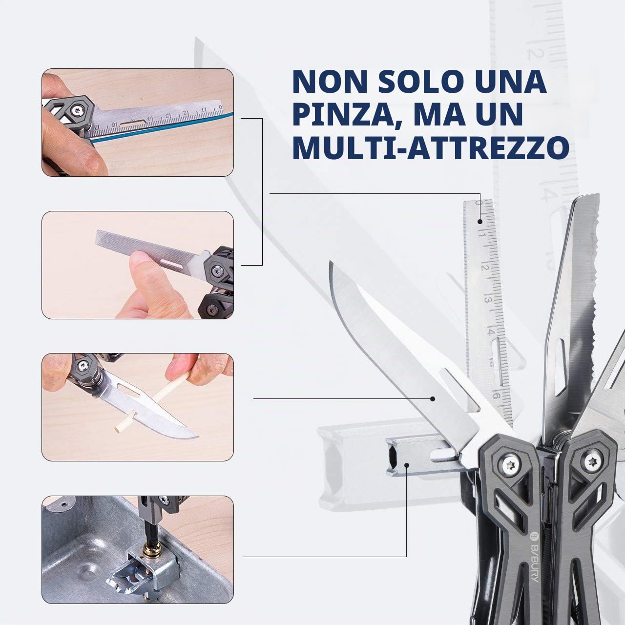 Pinza Multiuso BIBURY in Acciaio Inossidabile con Coltello, Apribottiglie, Cacciavite, Attrezzi EDC per Campeggio e Riparazioni
