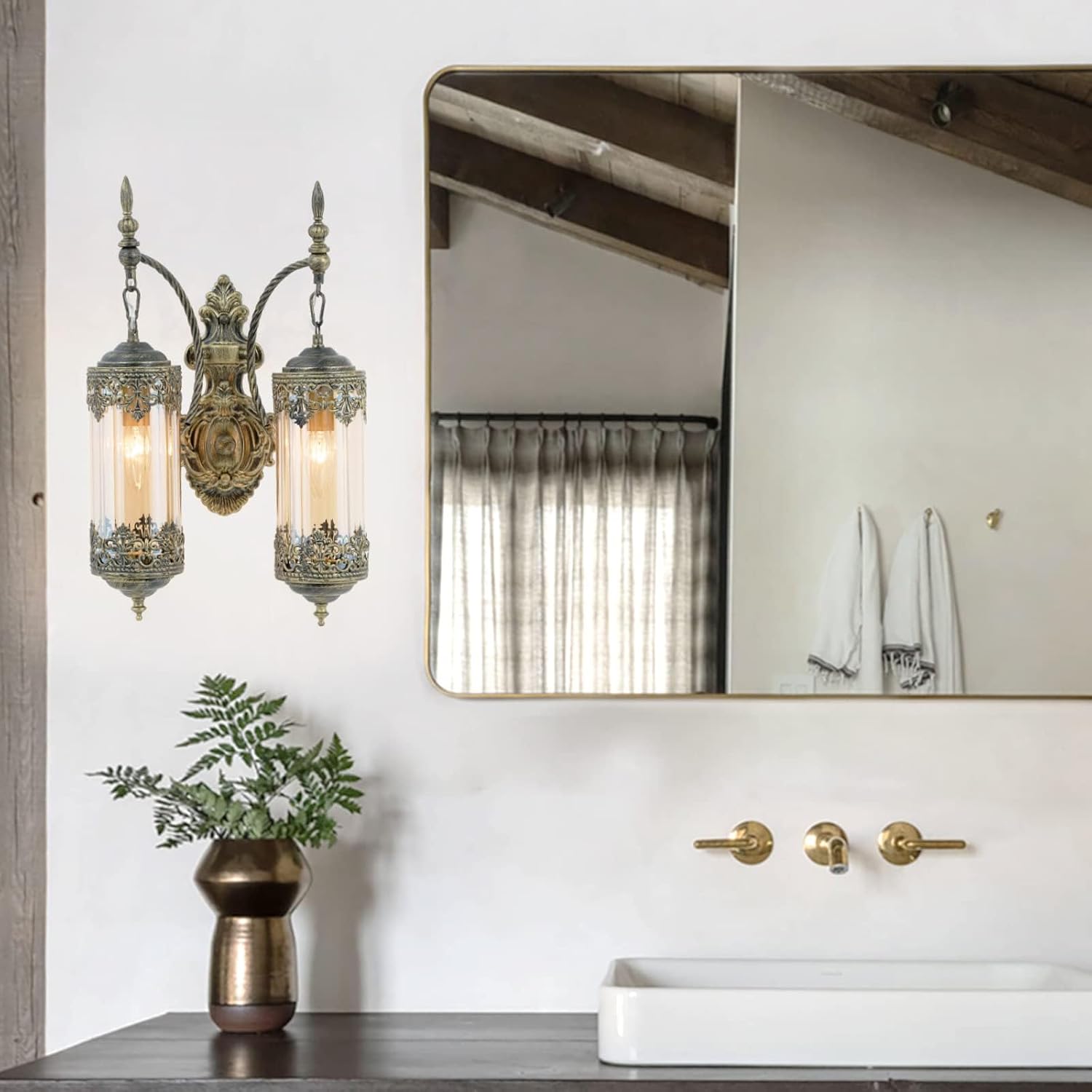 Rustic Wall Sconce with Amber Glass Vintage Antique Gothic Wall Light Fixture Retro Mid Centry Lantern Wall Sconce for Bedroom, Living Room, Mirror, Brush Gold