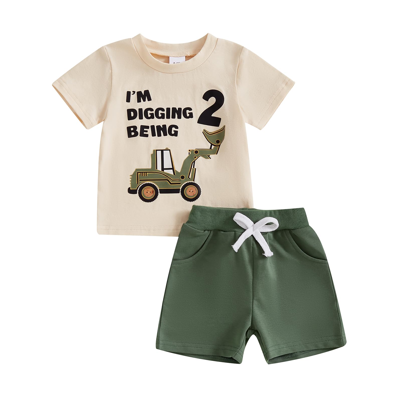 Bagilaanoe Summer 2nd/3rd Birthday Outfit Toddler Baby Boy Birthday Clothes Tractor Short Sleeve T-Shirt Top and Shorts Set (Khaki 2, 2-3T)