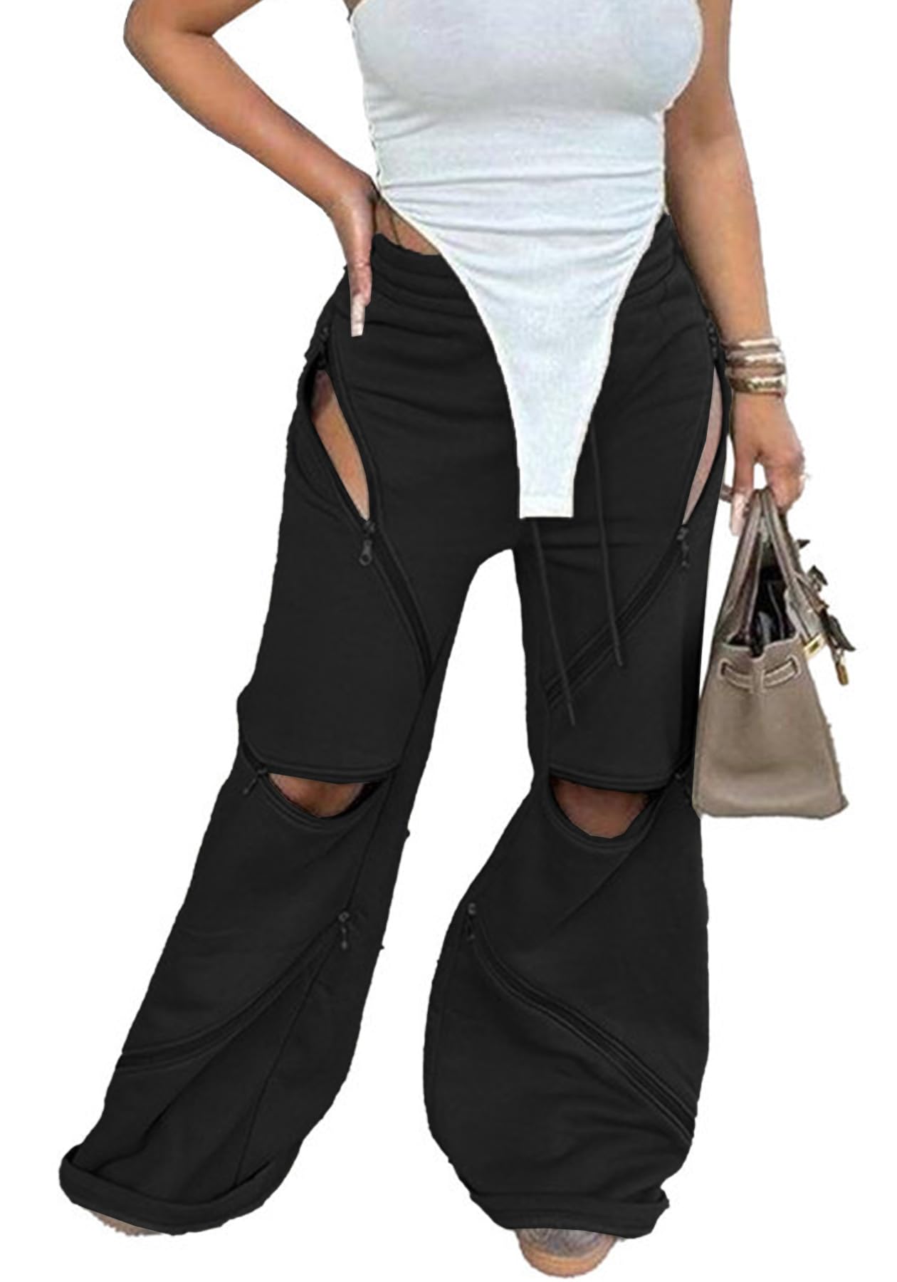 Famnbro Womens Cargo Sweatpants Striped Baggy Patchwork Denim High Waisted Straight Wide Leg Track Pants