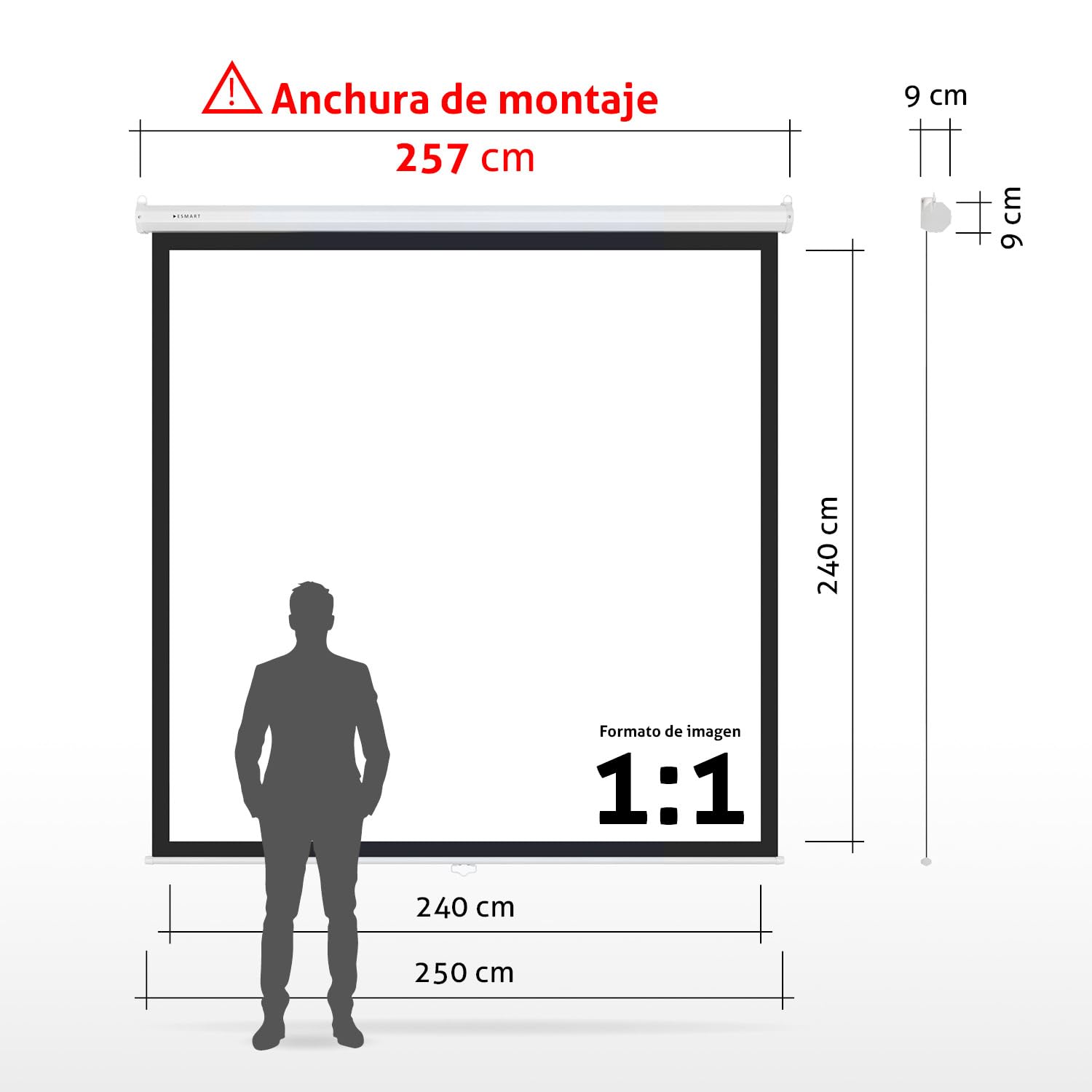 ESMART Economía EXR Pantalla Manual 257 cm (240 x 240 cm 1:1) Tela: Blanco | Superficie visual 240 × 240 cm, formato 1:1, tela blanca para cine en casa y presentaciones, extensión manual