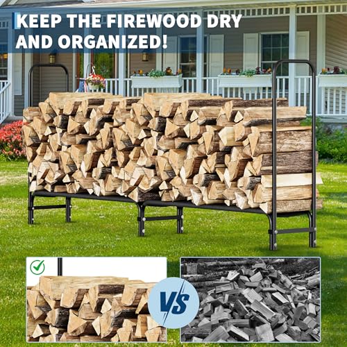 8FT Firewood Rack Outdoor, Firewood Rack Indoor with Fabric Mesh, Heavy Duty Fire Wood Racks Holds Up to 4000LBS, Metal Wood Pile Storage Organizer for Storing Logs of Various Size, Black