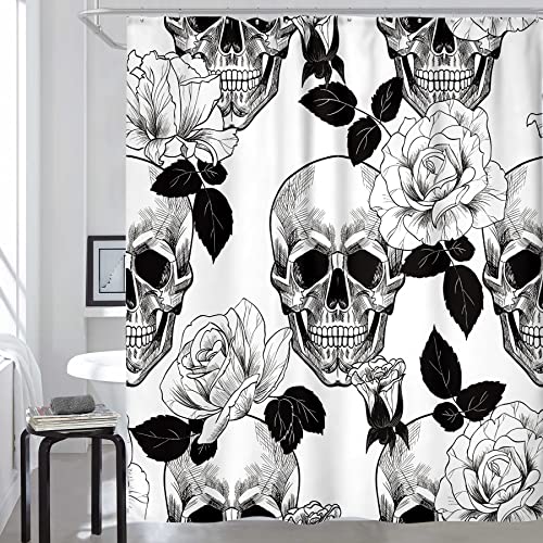 AMBZEK Halloween Skull Shower Curtain Floral Sugar 60Wx72L Inch Black White Gothic Bathroom Decor Goth Rose Skeleton Spooky Men Shower Curtains Flowers Fabric Bath Accessories 12 Pack Hooks