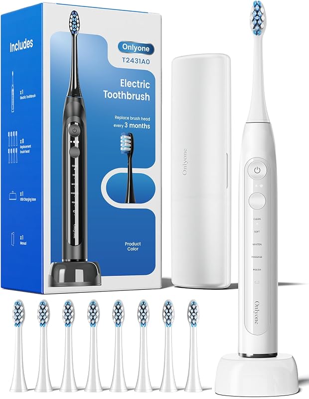 Electric Toothbrush for Adults, Rechargeable Electric Toothbrush with 8 Brush Heads, Travel Case, Charging Base & Wireless Charging - 5 Modes with Smart Timer, White