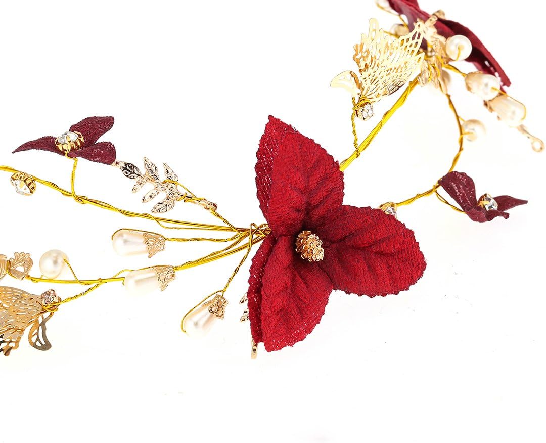 Wedding Headpiece Red Flower Gold Butterfly Hairbands Wedding Tiara Pearl Headbands Bridal Hair Bridesmaid Jewelry Accessories (B) - Image 8