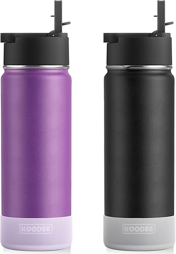 koodee Paquete de 2 botellas de agua con popote de 22 onzas de acero inoxidable con aislamiento de boca ancha para adultos, reutilizable, sin BPA