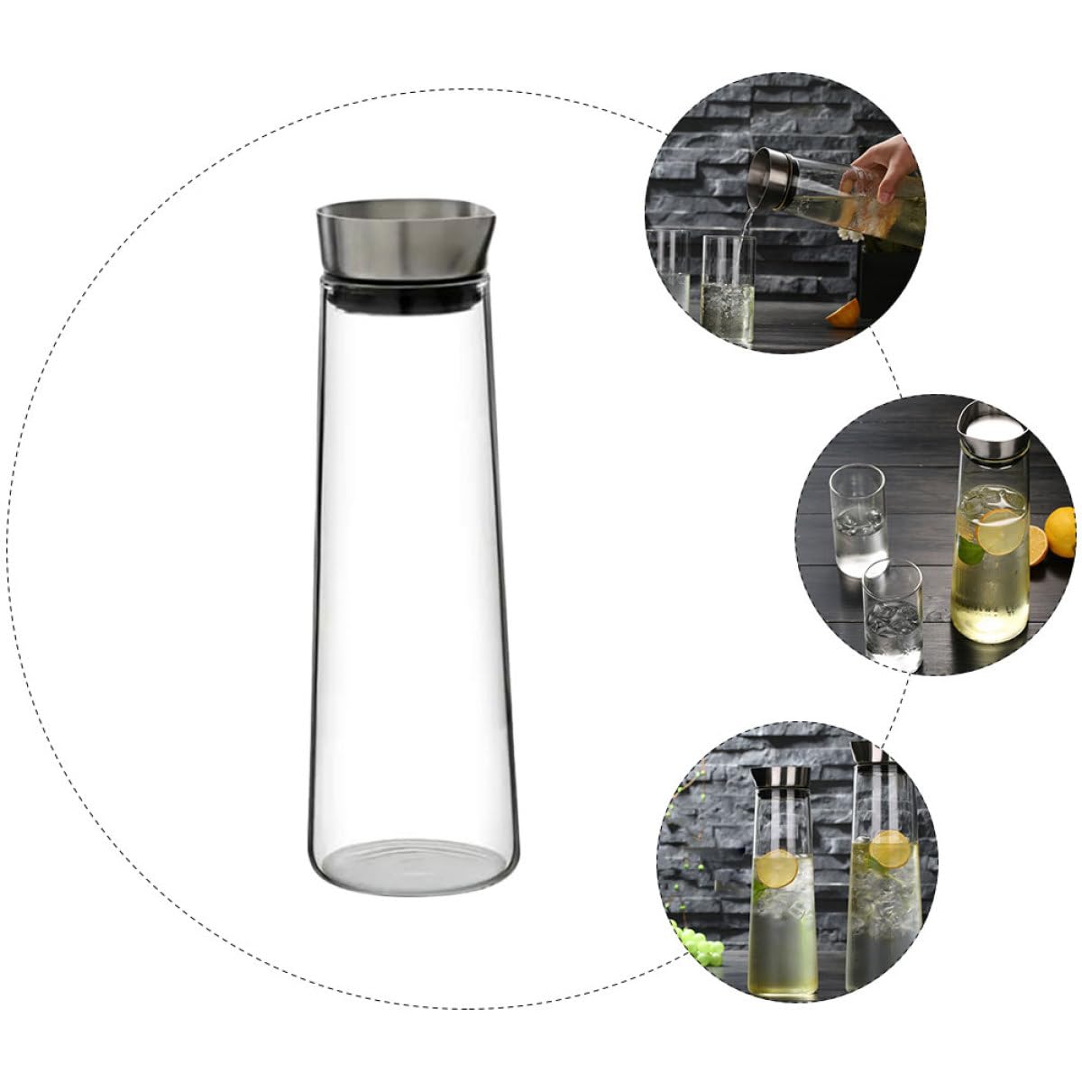 Jarra de Agua Fría de Vidrio de Borosilicato 1L Tapa de Acero Inoxidable Diseño Antidesbordamiento Recipiente Transparente para Bebidas en Casa y Oficina