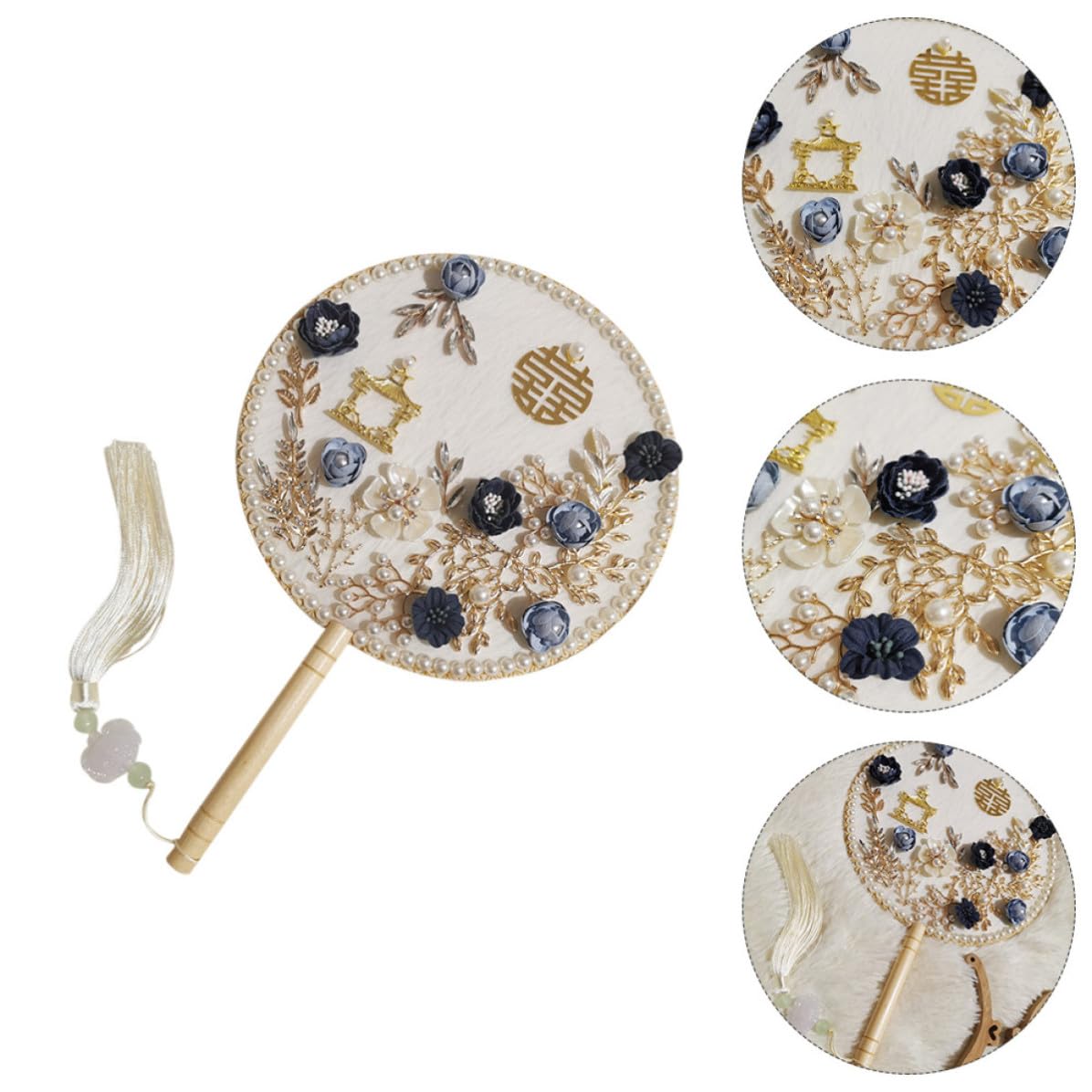 Healeved Runder Robust und Elegant Brautfächer im Klassischen Chinesischen Stil aus Leichtem Stoff Antiker Hochzeitshandfächer für Hochzeitsdekoration und Alltag