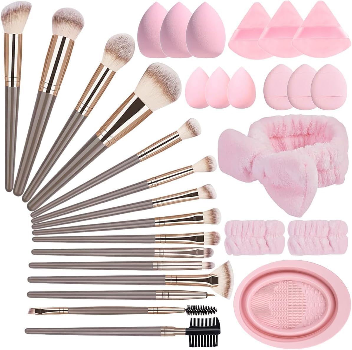 Hoiyen Make-up Pinsel Set, 31-teiliges Make-up Tool Set mit 6 Make-up Schwämmen + 2 Haarbandern + 1 Pinselwaschschale, Professionelles Gesichts- und Augen-Make-up-Pinsel-Set für Anfänger