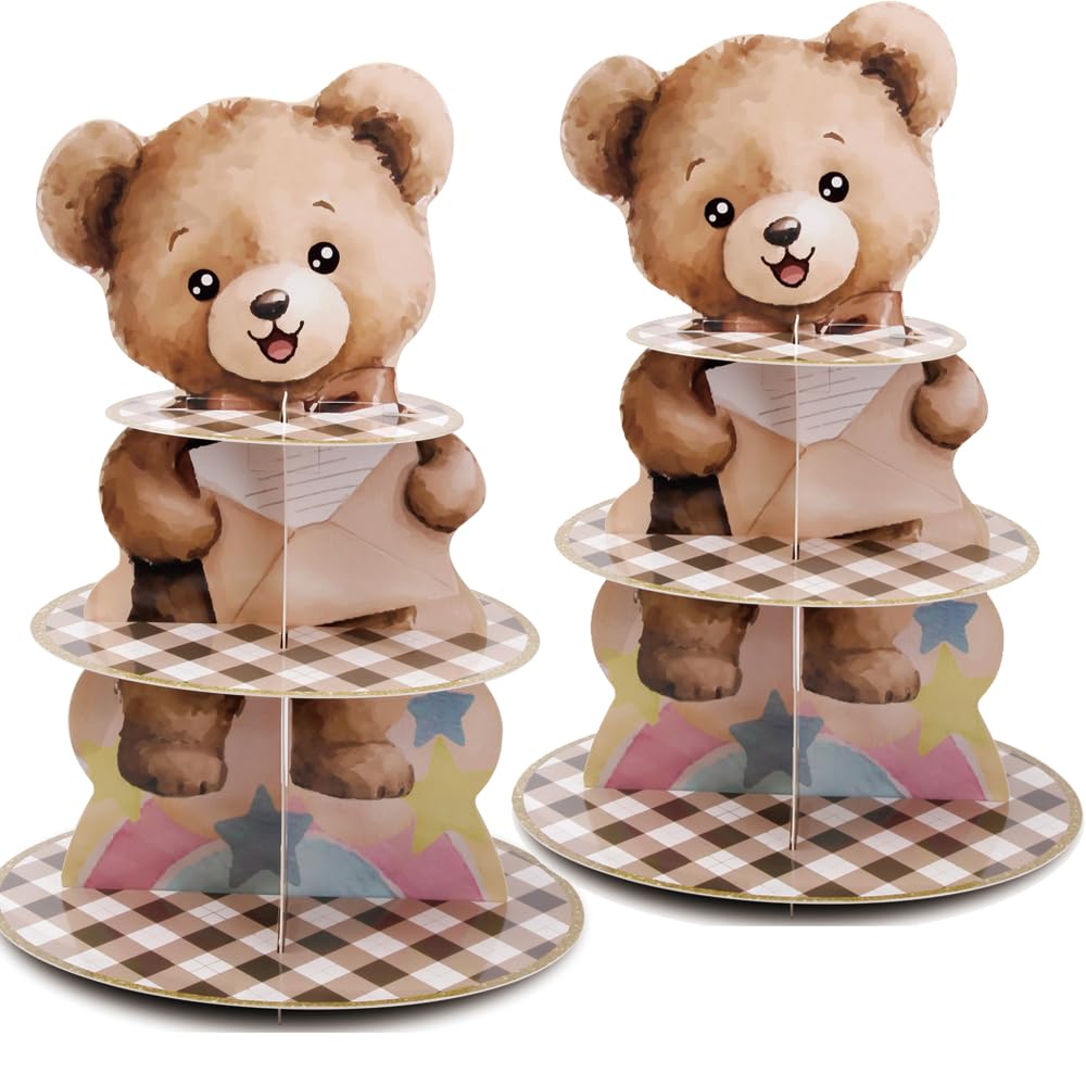 Apinwin 2 Pcs We Can Bearly Wait 3-Tier Cupcake Stand Holders for Brown Bear Theme Anniversary, Birthday, Baby Shower Table Decorations Party Supplies