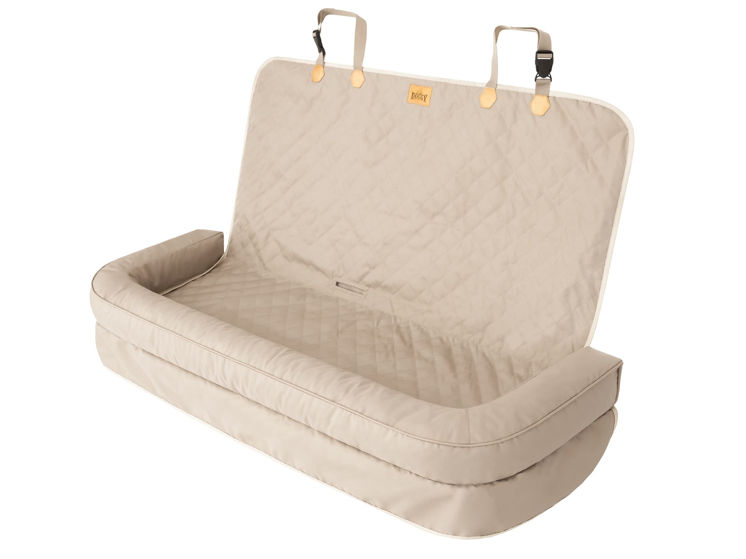 Asiento de coche para perros, cama para perros, transportín para asiento trasero, cesta para perros, cama para gatos y perros pequeños, 135 x 45 cm, negro, beis Oxford