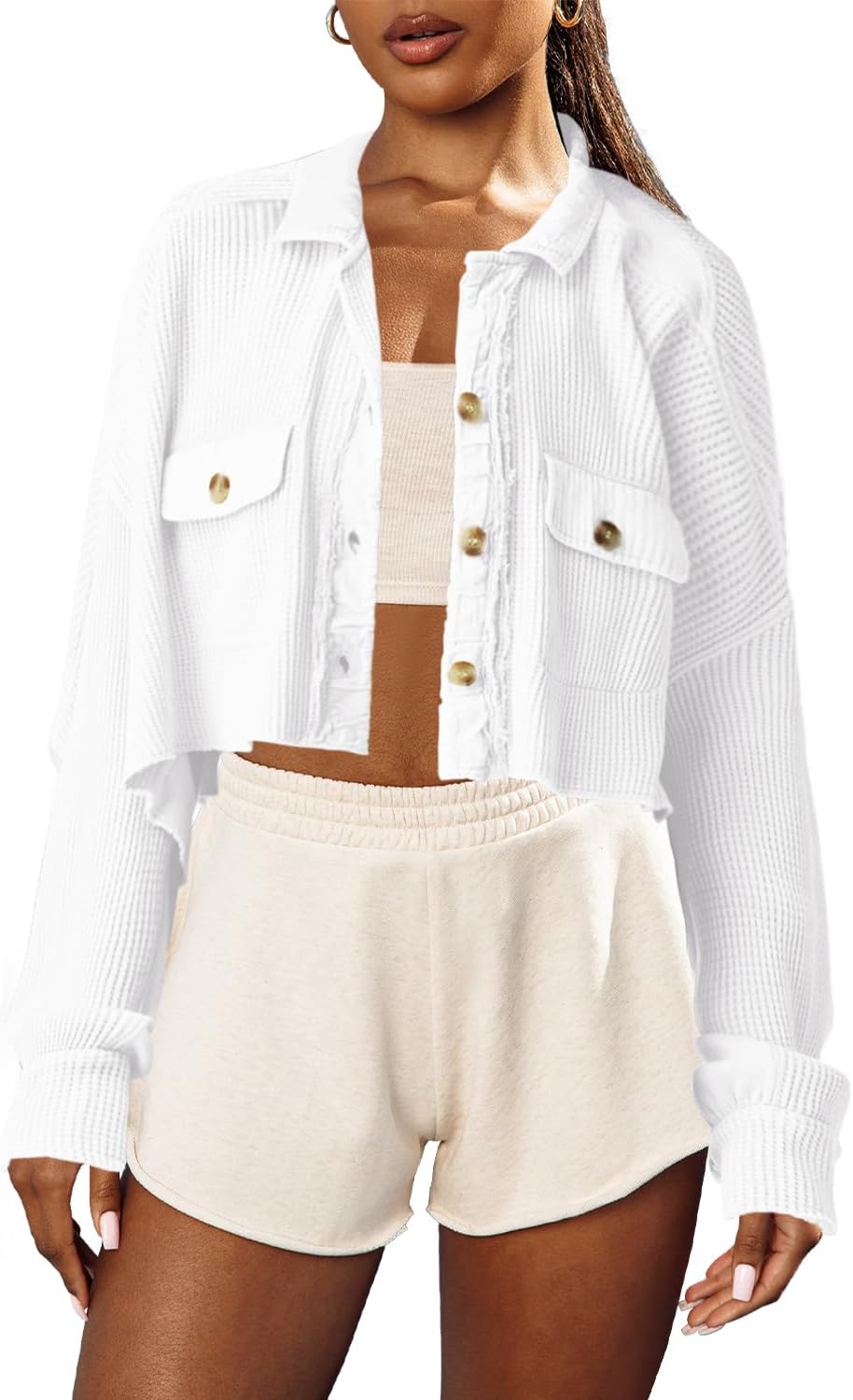 Panadila Women's Cropped Waffle Knit Shacket Short Button Down Jacket Batwing Sleeve Shirts with Pocket - Image 4