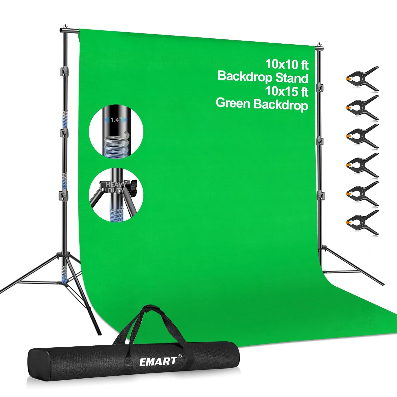 EMART Kit di sfondo per studio fotografico e video da 3 x 3 m, con supporto per schermo verde, sistema di supporto per sfondo fotografico con tenda Chromakey in mussola da 3 x 4,6 m, per riprese
