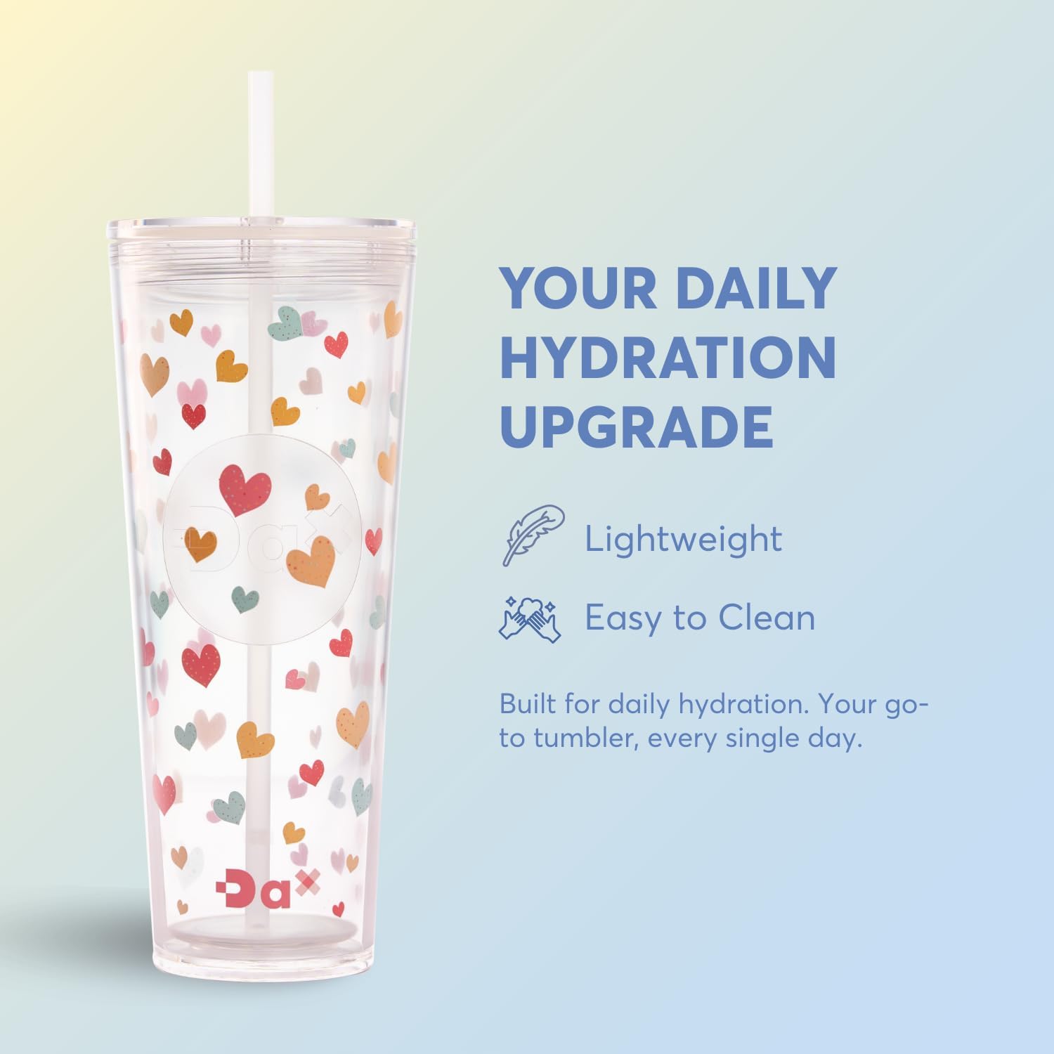 DA Plastic Tumbler With Lid And Straw, Double Wall Design, Leak Resistant Reusable BPA Free Travel Cup For Iced Coffee And Smoothies, 24oz (Colorful Hearts) - Image 4