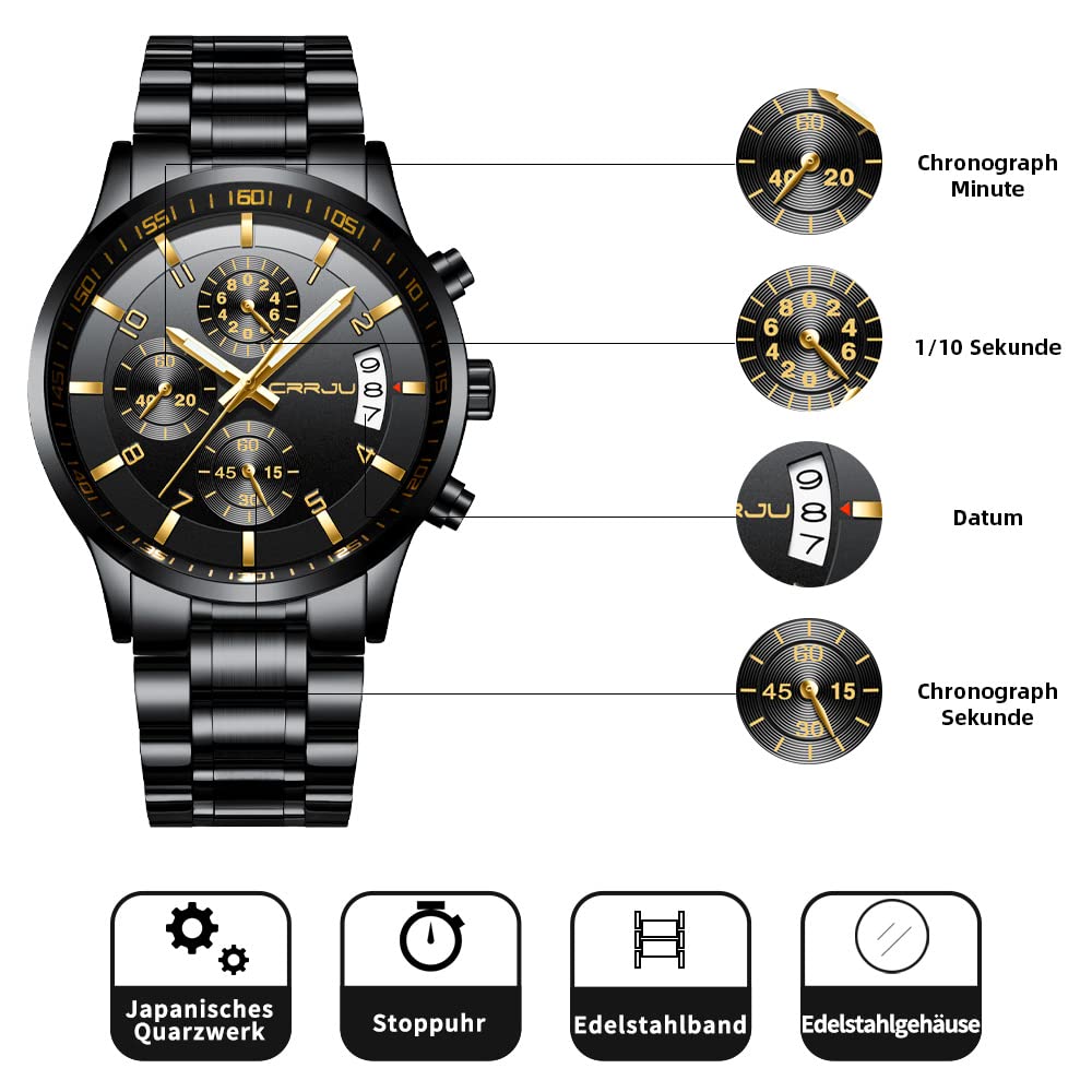 CRRJU Reloj de pulsera para hombre, resistente al agua, cronógrafo, correa de acero inoxidable, reloj de cuarzo analógico con calendario