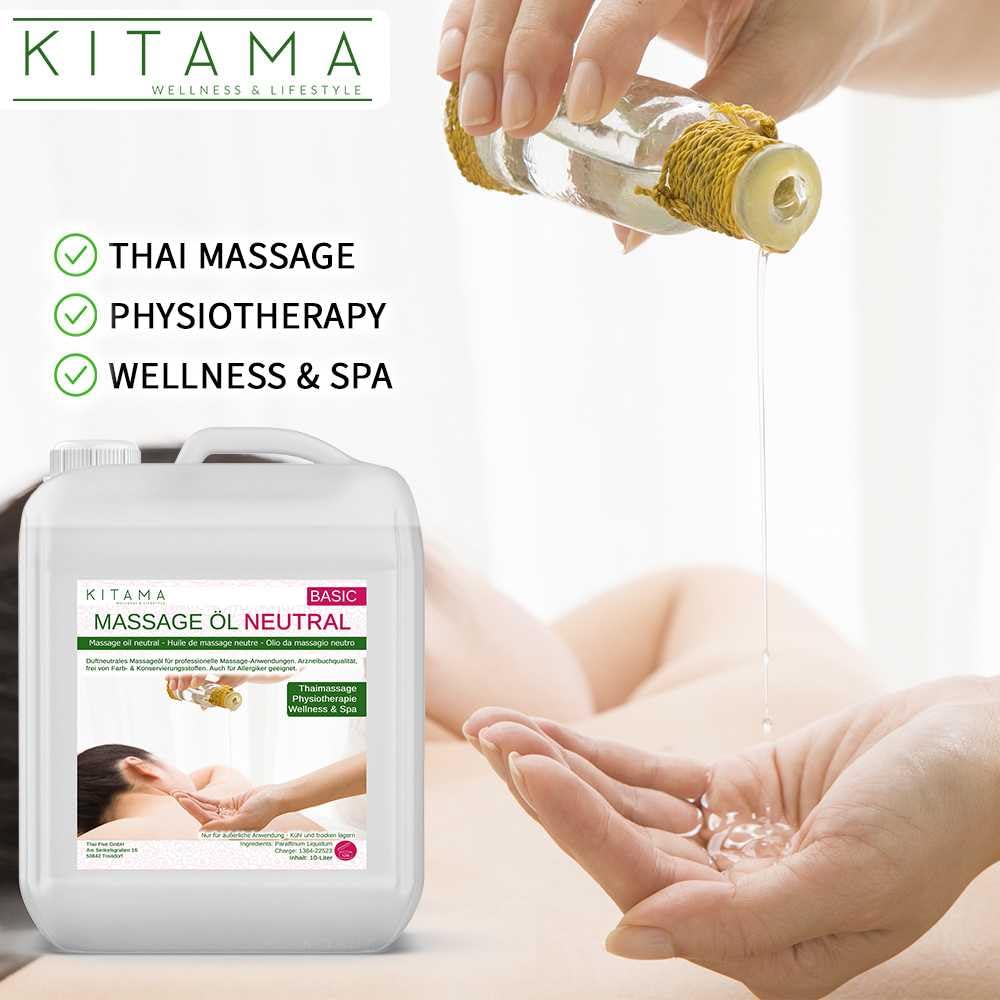 Kitama Massageöl Set 10L (2x5L Kanister) Parfümfrei plus Pumpe | Inkl. 5L Massageöl Neutral (für Allergiker) & 5L Massageöl Thai Sabai mit Jojoba & Mandel. Duftfrei für Profis,