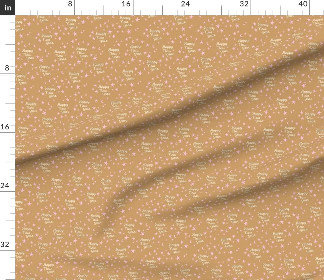 Spoonflower Fabric - Happy New Year Handwritten Boho Celebration Years Eve Brown Pink Cream Printed on Petal Cotton Fabric Fat Quarter - Sewing Quilting Apparel Crafts Decor
