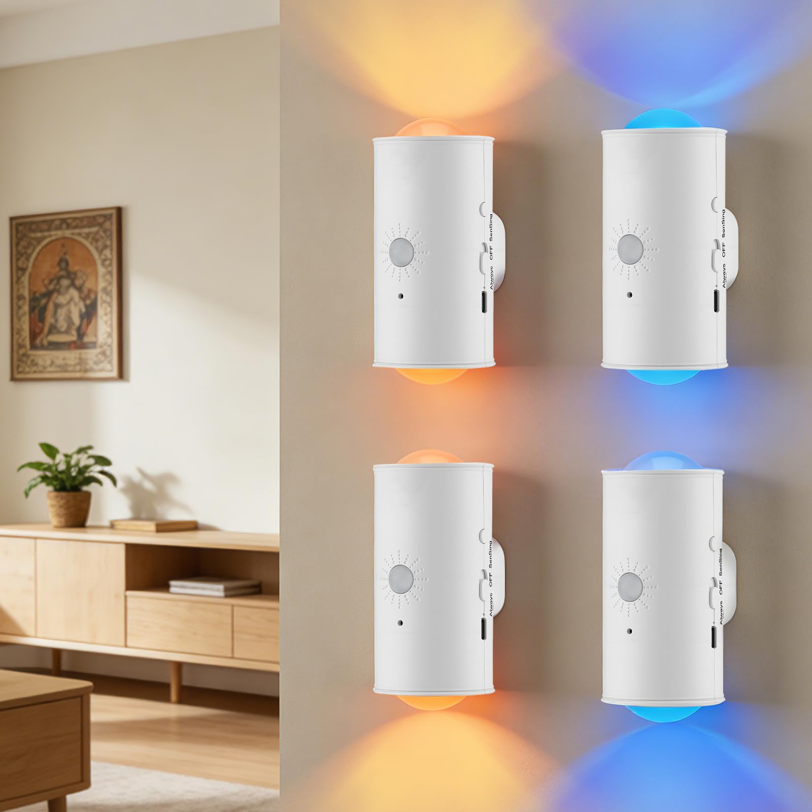 VeftBltrem Motion Sensor Light Indoor, 4Pcs RGB 16-Color Changing Smart LED Wall Sconce with Remote Control, Battery Operated Rechargeable Wireless Wall Lamps, Indoor Motion Sensor Stairway Lights