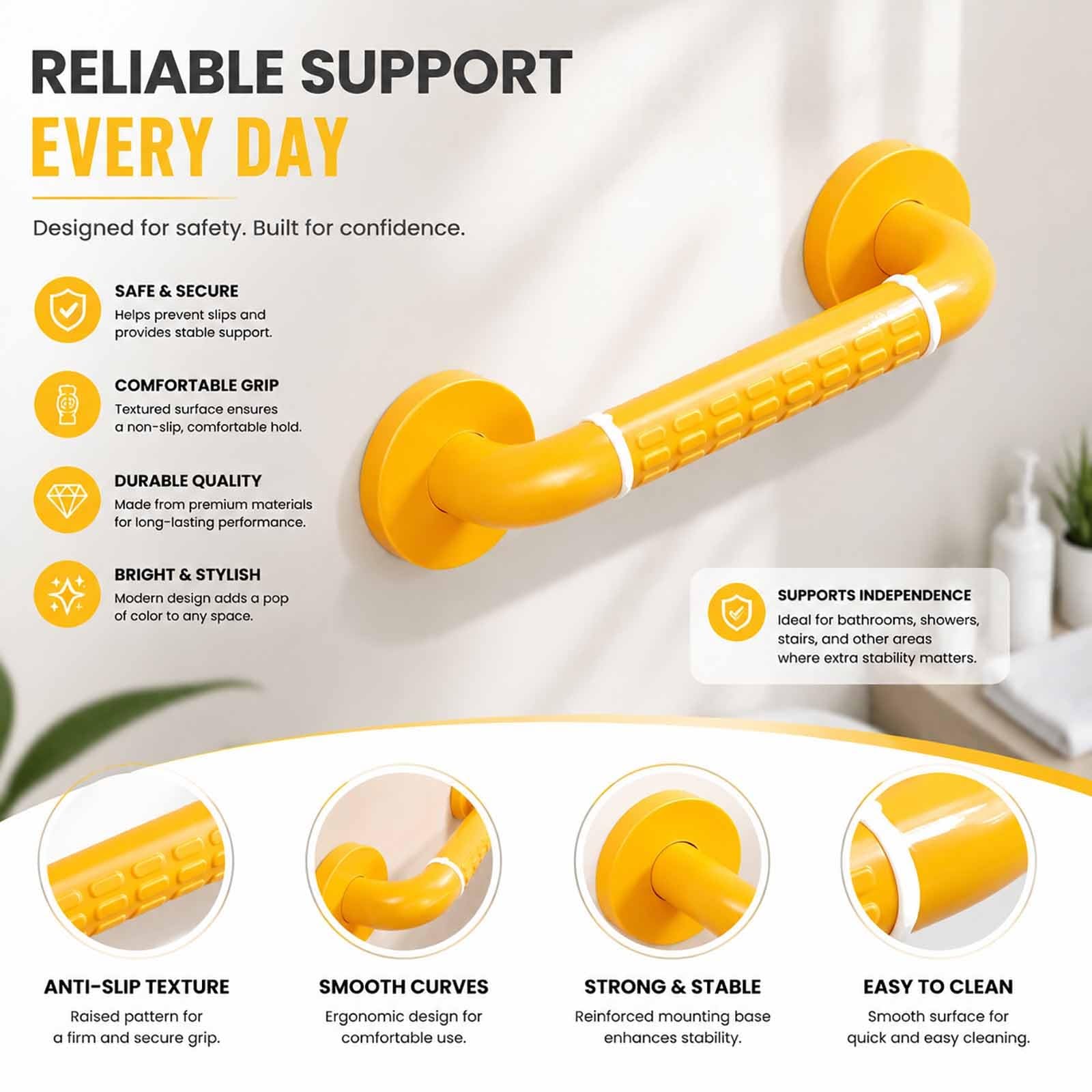 Barra De Apoyo Recta De Pared con Textura Antideslizante En Relieve, Asa De Apoyo Auxiliar para Interiores, Ideal para Personas Mayores En La Ducha O El Baño.(White,48cm)