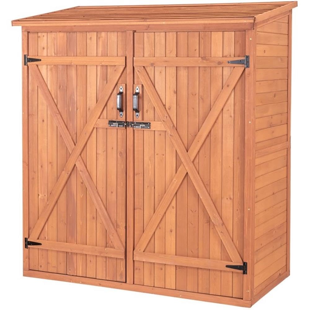 Leisure Season MSS6602 Medium Storage Shed - Brown - Outdoor Garden Tool Organizer Box - Lockable Waterproof Cedar Cabinet with Shelves and Wooden Doors - Stain Coating with Tongue and Groove Design