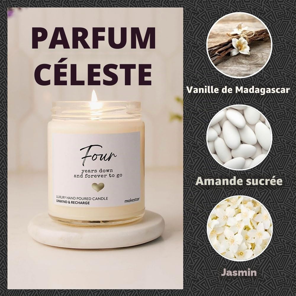 Bougie cadeau 4ème anniversaire de mariage – Cire de soja de luxe – Vanille, jasmin, amande sucrée Makester