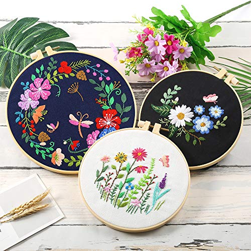 Caydo 3 Sets Cross Stitch Kits Forbeginners, Adults Including Embroidery Fabric With Floral Pattern, Embroidery Hoop, Thread And Tools #TOP6