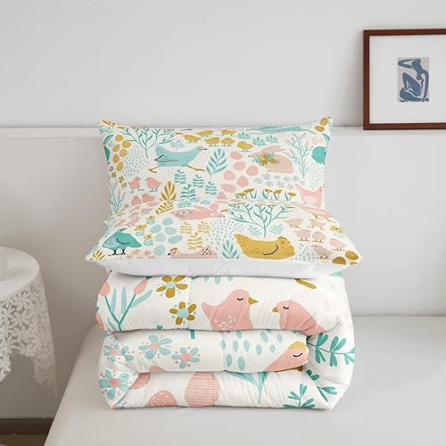 Miniatura 5 de Juego de edredón de pollo tamaño matrimonial, juego de ropa de cama de conejo azul y rosa, dibujos animados Kawaii de animales salvajes, edredón