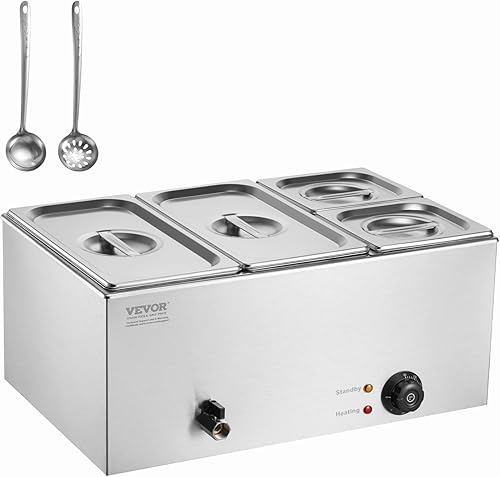 VEVOR Calentador de alimentos comercial de 4 bandejas, mesa de vapor eléctrica de 24 cuartos de galón, encimera profesional de 1200 W de acero