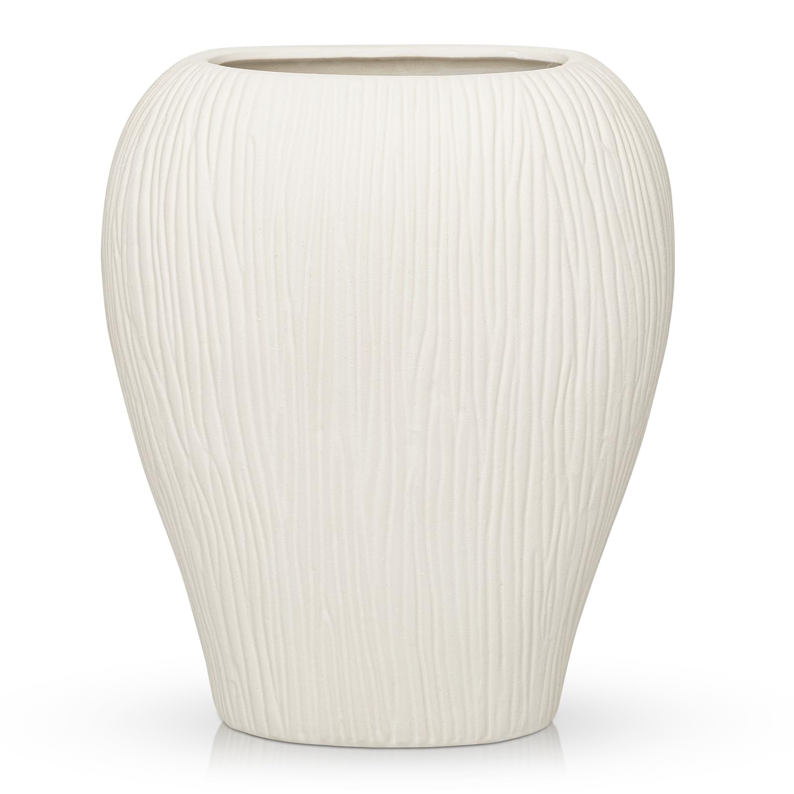 Flache Keramikvase Modern – Schmale Ribbed Vase für Pampasgras & Kunstblumen, Dekovase Keramik für Tisch, Regal & Sideboard, Boho Blumenvasen Wohndeko, Weiß - 32 cm Hohe