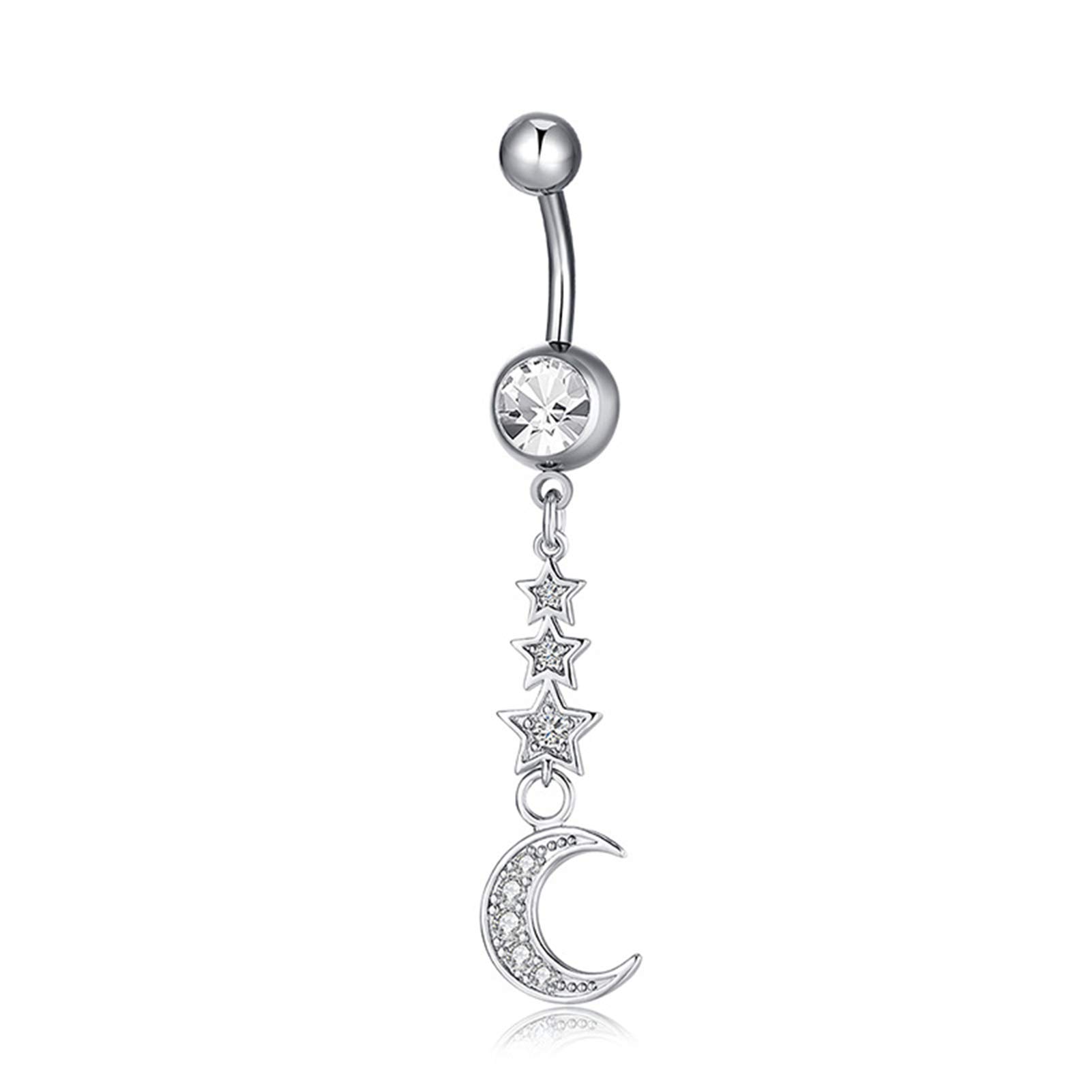 Belly Button Rings 14G Surgical Steel Star Moon Cubic Zirconia Dangle Navel Piercing Jewelry (Silver)