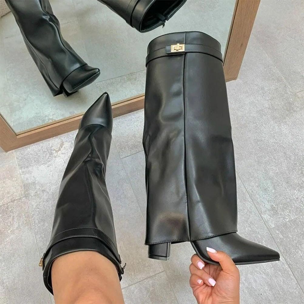 Stivali Donna Invernali Cowboy Stivaletti Alti Tacchi Biker Fold Over Boots con Tacco