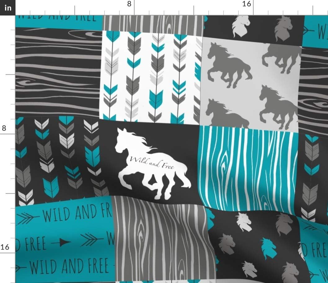 Spoonflower Fabric - Horse Patchwork Teal Black Gray Wild Horses Free Wholecloth Cheater Printed on Petal Signature Cotton Fabric by The Yard - Sewing Quilting Apparel Crafts Decor